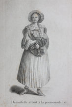 Load image into Gallery viewer, Johann Rudolf Huber, after. Demoiselle allant a la promenade. Engraved by Johann Rudolf Schellenberg. Basel, 1798.
