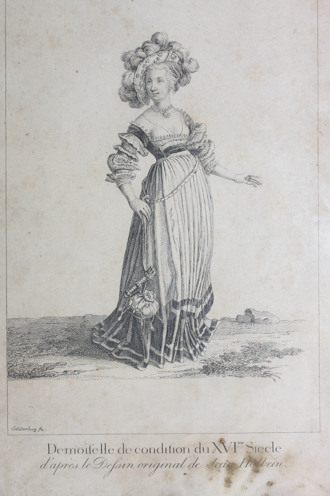 Hans Holbein the Younger, after. Demoiselle de condition du XVIème Siècle. Engraving by Johann Rudolf Schellenberg. Basel, 1798.