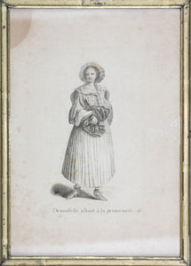 Johann Rudolf Huber, after. Demoiselle allant a la promenade. Engraved by Johann Rudolf Schellenberg. Basel, 1798.