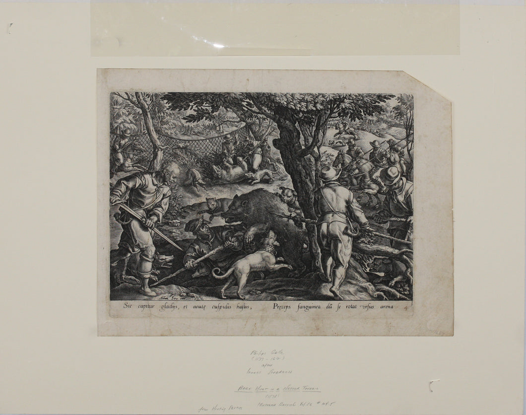 Jan van der Straet, after. Bear Hunt with Nets. Engraving by Philip Galle. C. 1578.