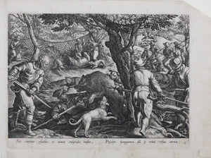 Jan van der Straet, after. Bear Hunt with Nets. Engraving by Philip Galle. C. 1578.