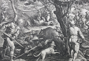 Jan van der Straet, after. Bear Hunt with Nets. Engraving by Philip Galle. C. 1578.