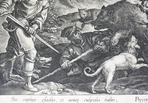 Jan van der Straet, after. Bear Hunt with Nets. Engraving by Philip Galle. C. 1578.