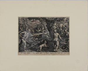 Jan van der Straet, after. Bear Hunt with Nets. Engraving by Philip Galle. C. 1578.