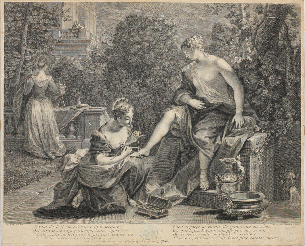 Jean Raoux, after. Bethsabee au bain. Engraved by Jacques Chéreau. XVIII Century.