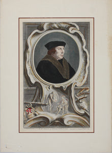 Hans Holbein the Younger, after. Portrait of Thomas Cromwell, Earl of Essex. Engraving by Jacob Houbraken. Hand-colored. 1739.