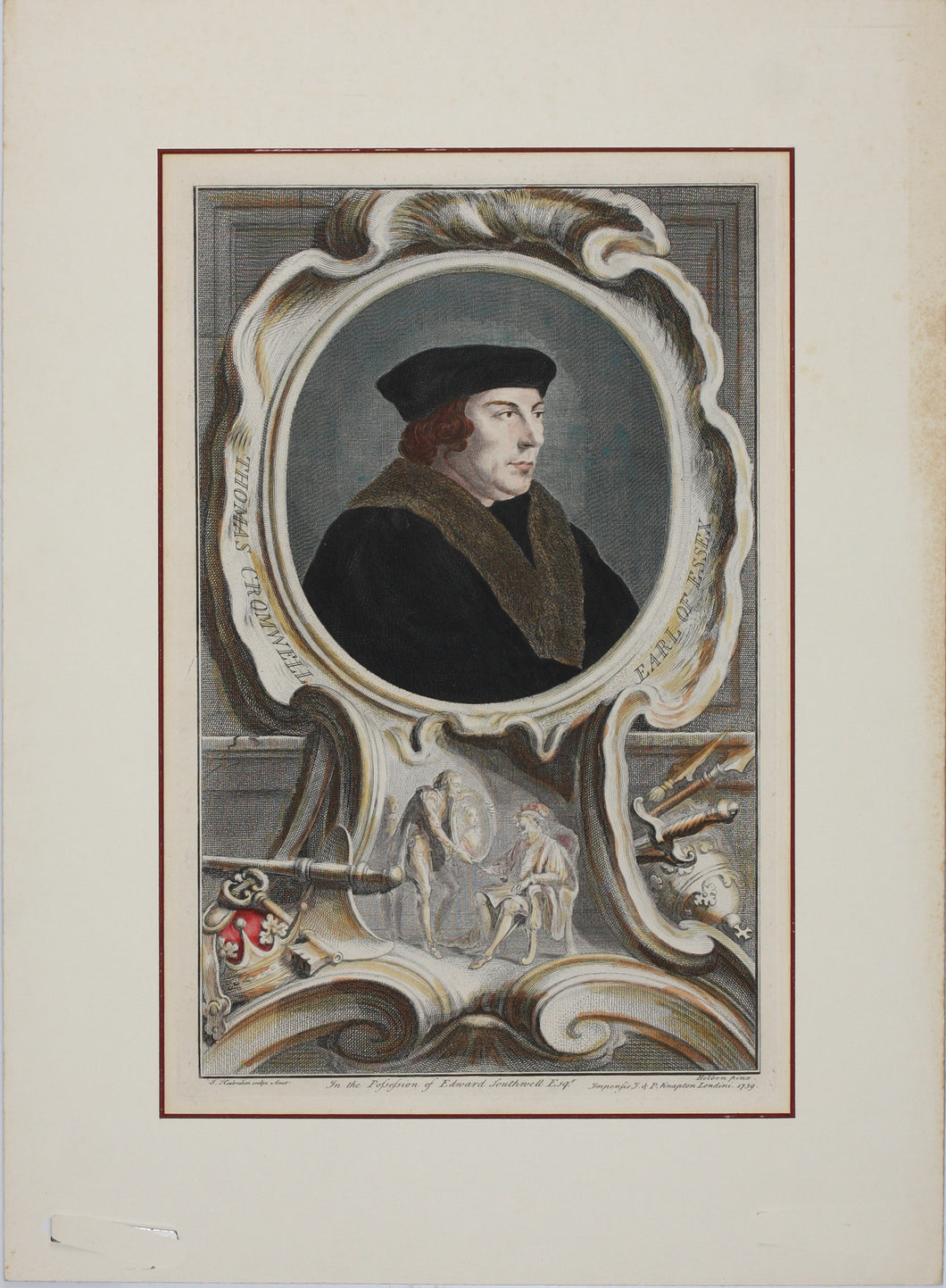 Hans Holbein the Younger, after. Portrait of Thomas Cromwell, Earl of Essex. Engraving by Jacob Houbraken. Hand-colored. 1739.