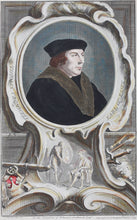 Load image into Gallery viewer, Hans Holbein the Younger, after. Portrait of Thomas Cromwell, Earl of Essex. Engraving by Jacob Houbraken. Hand-colored. 1739.
