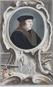 Hans Holbein the Younger, after. Portrait of Thomas Cromwell, Earl of Essex. Engraving by Jacob Houbraken. Hand-colored. 1739.