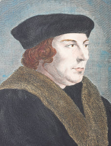 Hans Holbein the Younger, after. Portrait of Thomas Cromwell, Earl of Essex. Engraving by Jacob Houbraken. Hand-colored. 1739.