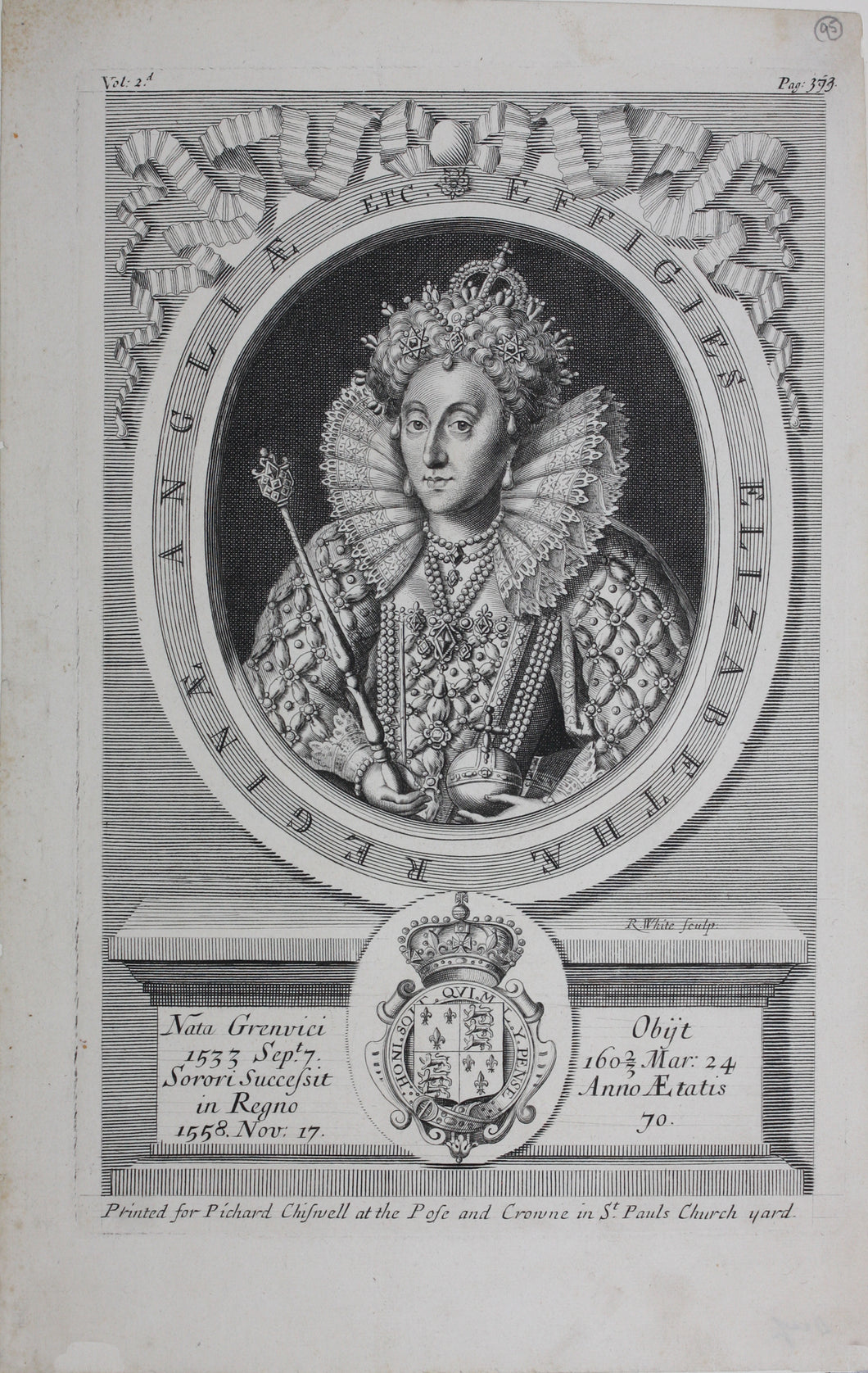 Robert White. Portrait of Elizabeth I, Queen of England. Engraving. 1681.