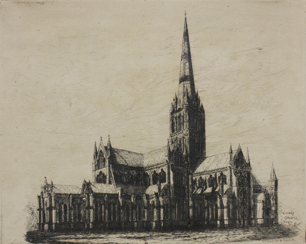 William Brown. Salisbury Cathedral. North East. Etching. 19th Century.