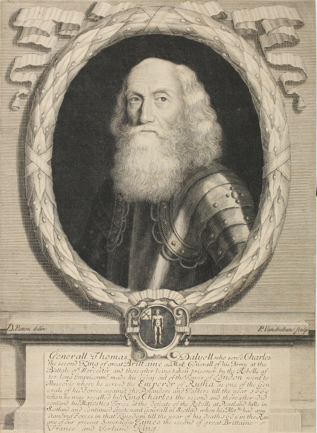 David Paton, after. Portrait of General Thomas Dalyell. Engraving by Peter Vandrebanc. 1685.