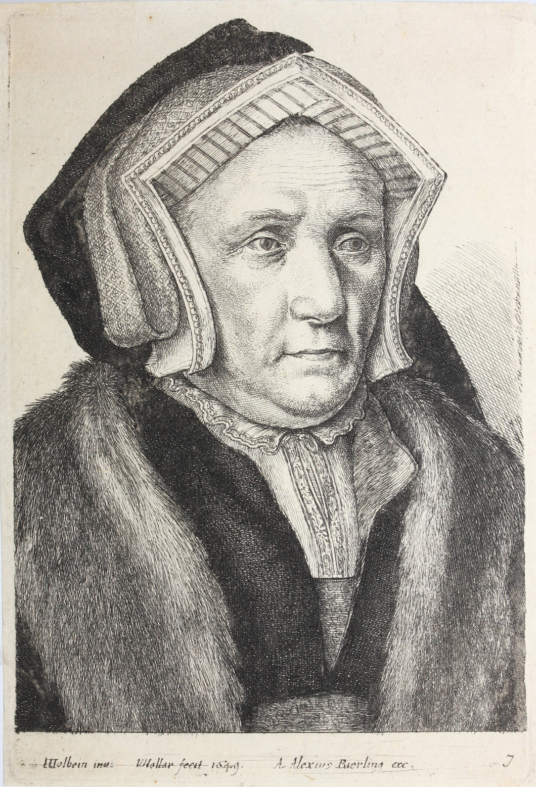 Hans Holbein the Younger, after. Portrait of Lady Margaret Butts. Etching by Wenceslaus Hollar. 1649.
