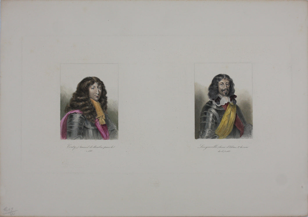 Portraits of Henri II d'Orléans Duc de Longueville, and Armand de Bourbon, Prince de Conti. Chalcographie du Louvre. Hand colored engraving. 1830s..