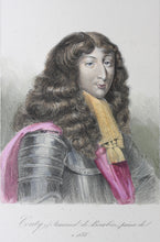 Load image into Gallery viewer, Portraits of Henri II d&#39;Orléans Duc de Longueville, and Armand de Bourbon, Prince de Conti. Chalcographie du Louvre. Hand colored engraving. 1830s..
