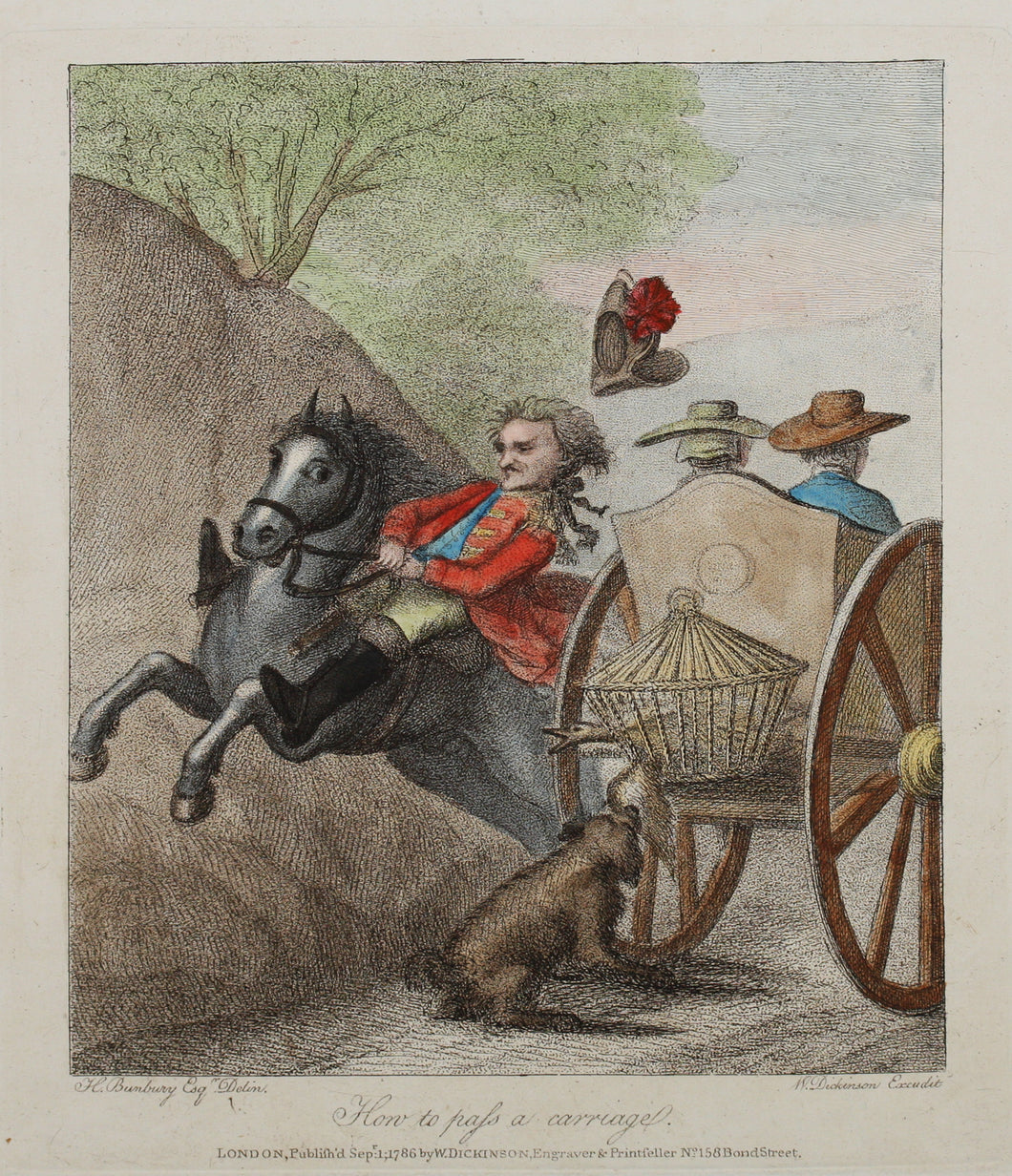 Henry William Bunbury, after. How to pass a carriage. Colored engraving. 1786.