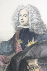 Hyacinthe Rigaud, after. Portrait of Philip V of Spain. Chalcographie du Louvre. Hand colored engraving by Leclère. 1830s.