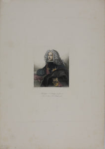 Hyacinthe Rigaud, after. Portrait of Philip V of Spain. Chalcographie du Louvre. Hand colored engraving by Leclère. 1830s.