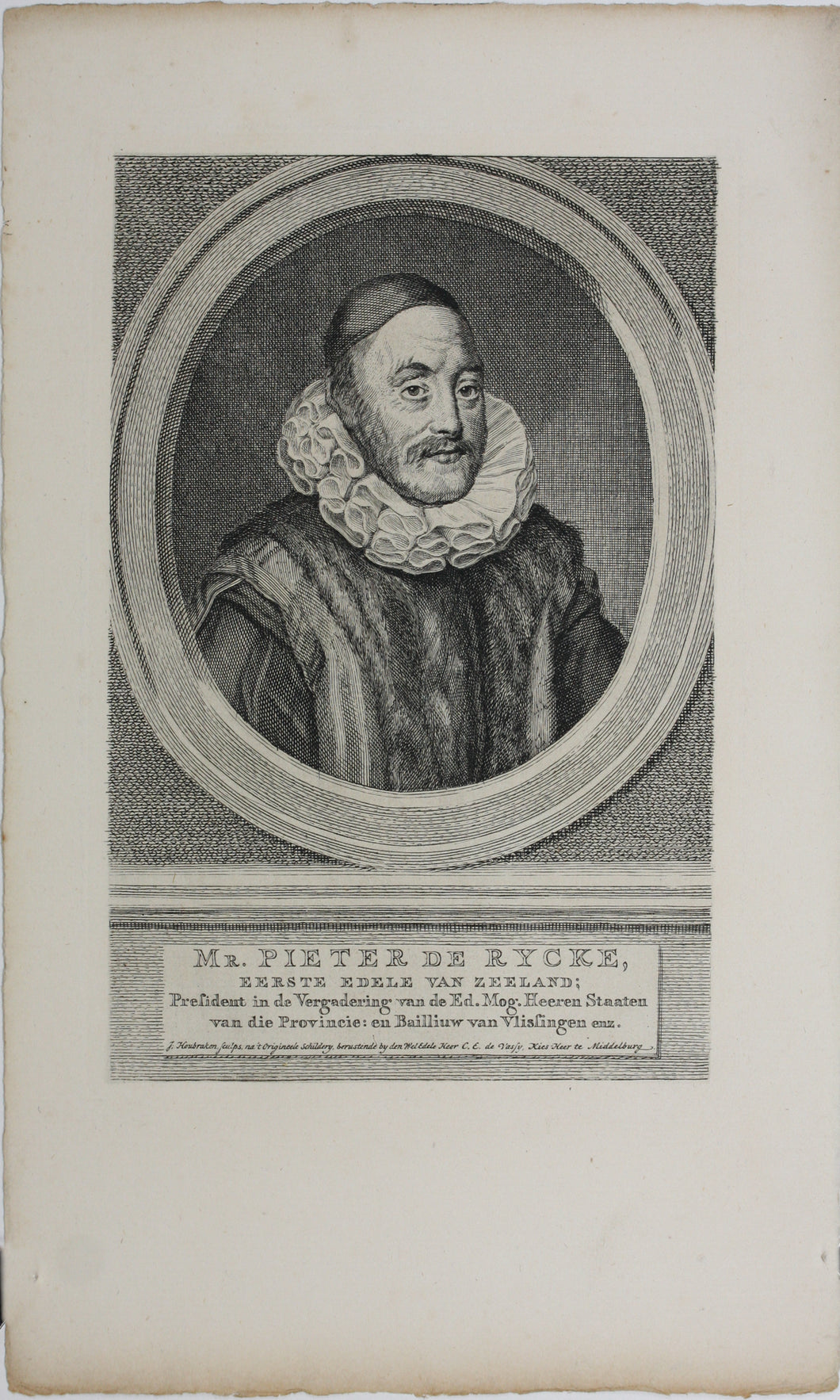 Hendrik Pothoven, after. Portrait of Pieter de Rijcke. Engraving by Jacob Houbraken. 1713 - 1780.