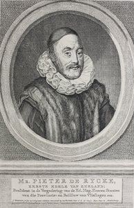Hendrik Pothoven, after. Portrait of Pieter de Rijcke. Engraving by Jacob Houbraken. 1713 - 1780.