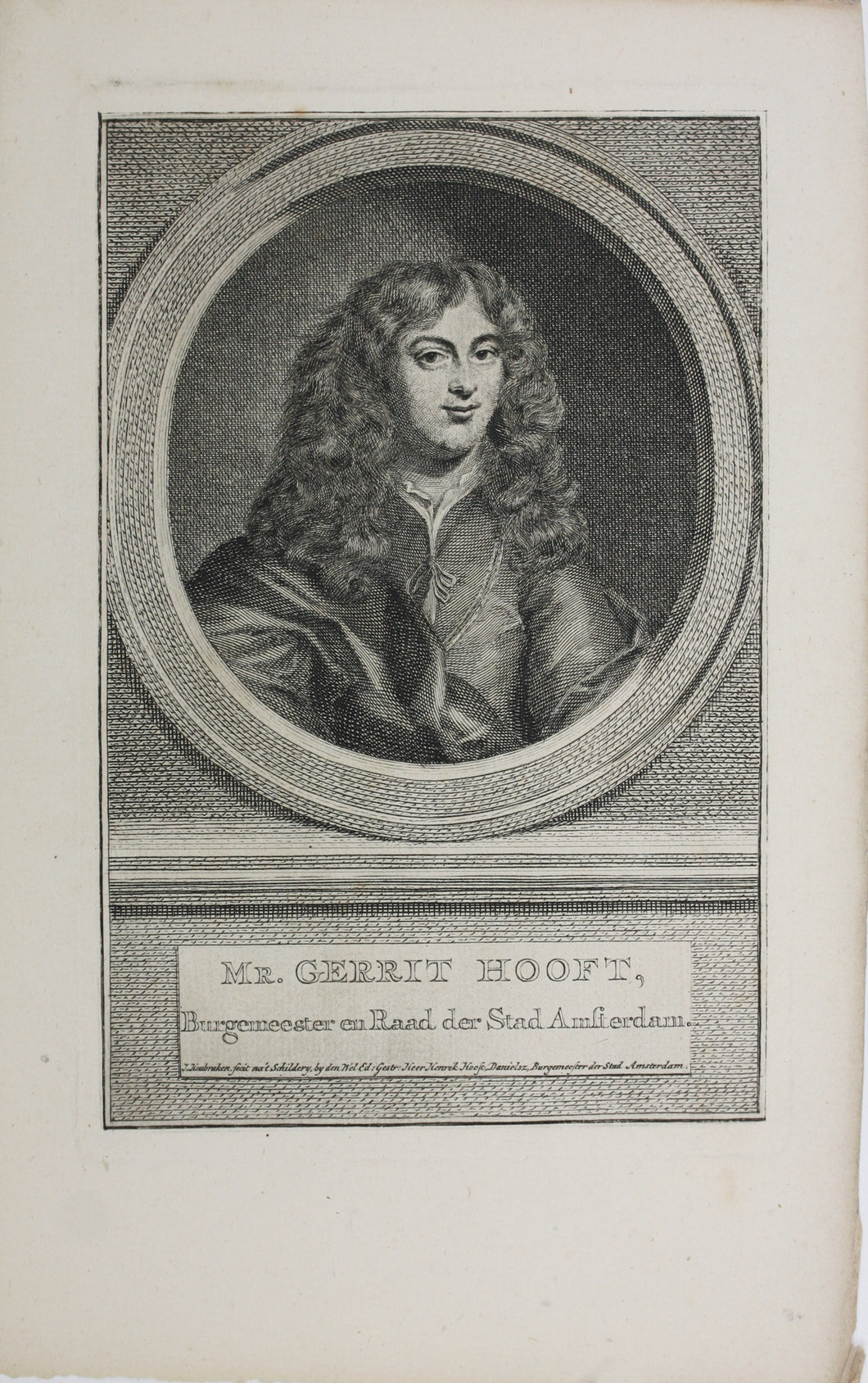 Nicolaes Maes, after. Portrait of Mr. Gerrit Hooft. Engraving by Jacob Houbraken. 1708 - 1780.