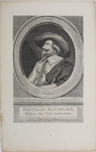 Jacob Backer, after. Hendrik Pothoven, after. Portrait of Nicolaas Hasselaer.  Engraving by Jacob Houbraken. 1749 - 1780 and/or 1796.