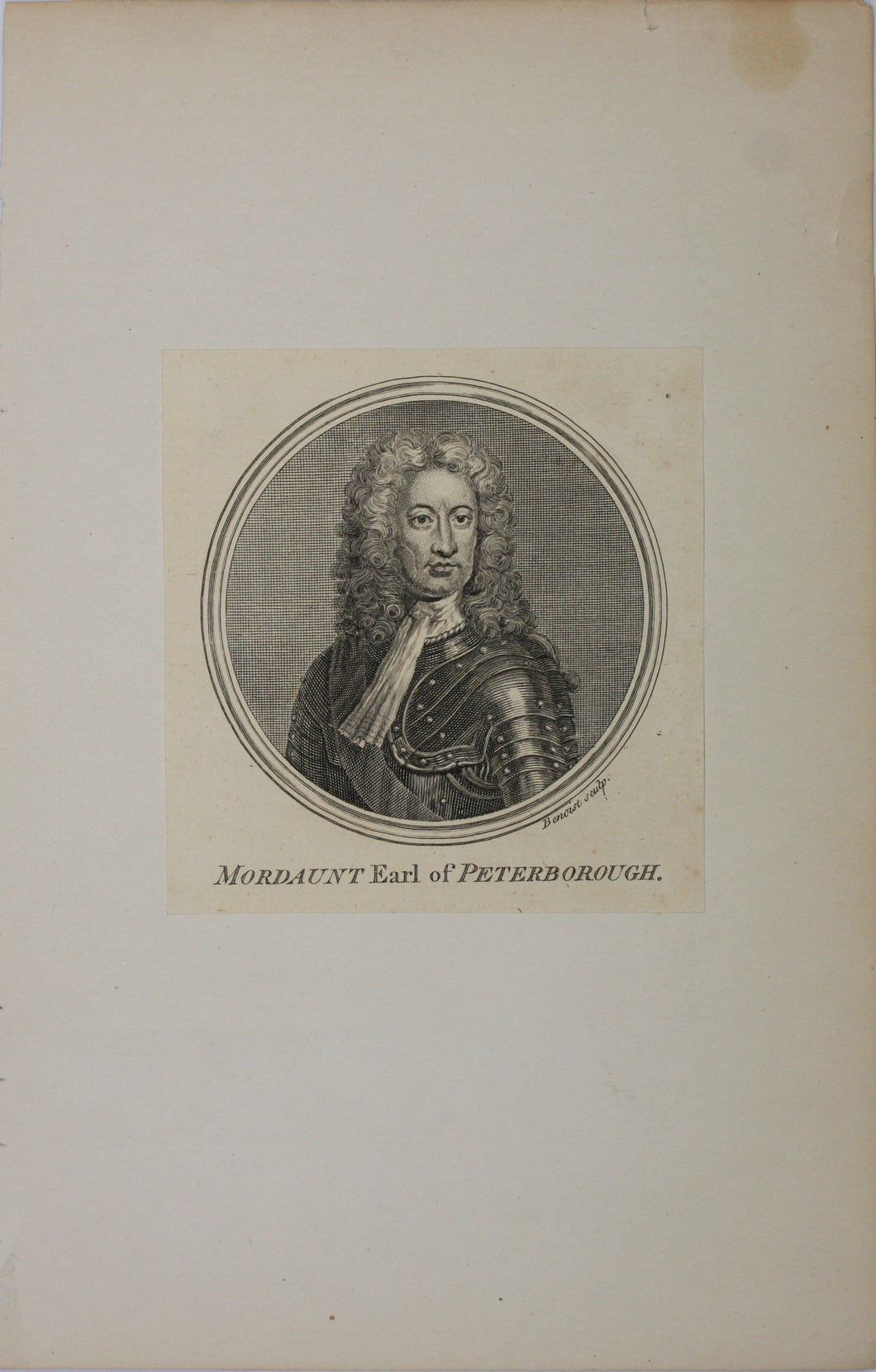 Sir Godfrey Kneller, after. Jacob Houbraken, after. Portrait of Charles Mordaunt, 3rd Earl of Peterborough. Engraving by Antoine Benoist. 1757.