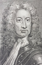 Load image into Gallery viewer, Sir Godfrey Kneller, after. Jacob Houbraken, after. Portrait of Charles Mordaunt, 3rd Earl of Peterborough. Engraving by Antoine Benoist. 1757.

