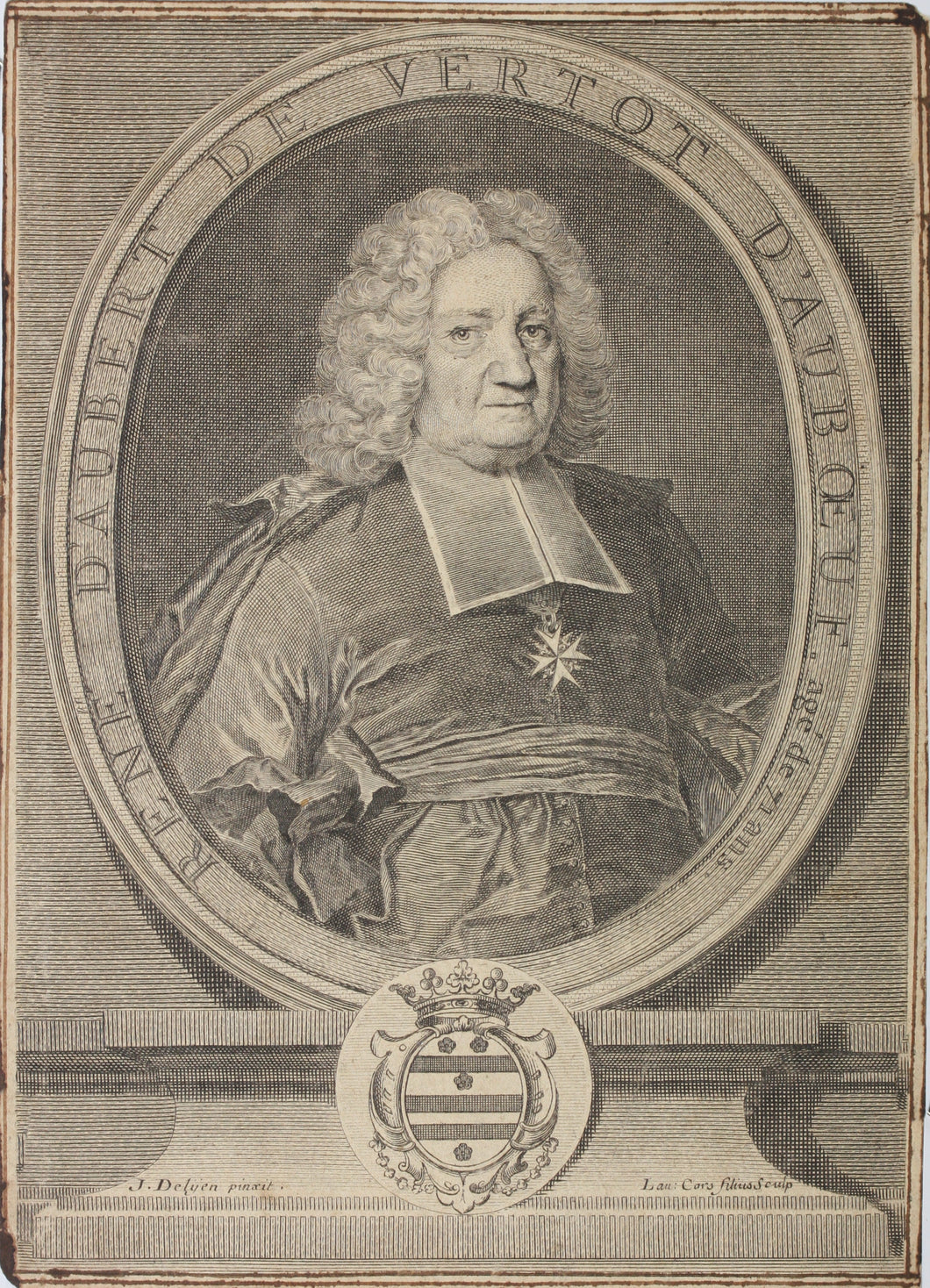 Jacques François Delyen, after. Portrait of René Aubert de Vertot. Engraving by Laurent Cars. 1726.