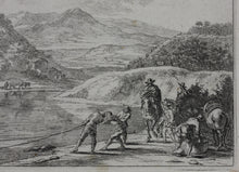 Load image into Gallery viewer, Jan Both. Fishermen fishing in the river Tiber near Mount Soracte. Etching. 1636-1652.
