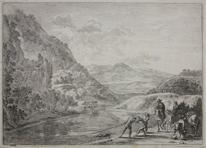 Jan Both. Fishermen fishing in the river Tiber near Mount Soracte. Etching. 1636-1652.