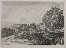 Load image into Gallery viewer, Jan Both. Travellers and their mules on the wooden bridge near Sulmona and Tivoli. Etching. 1636-1652.
