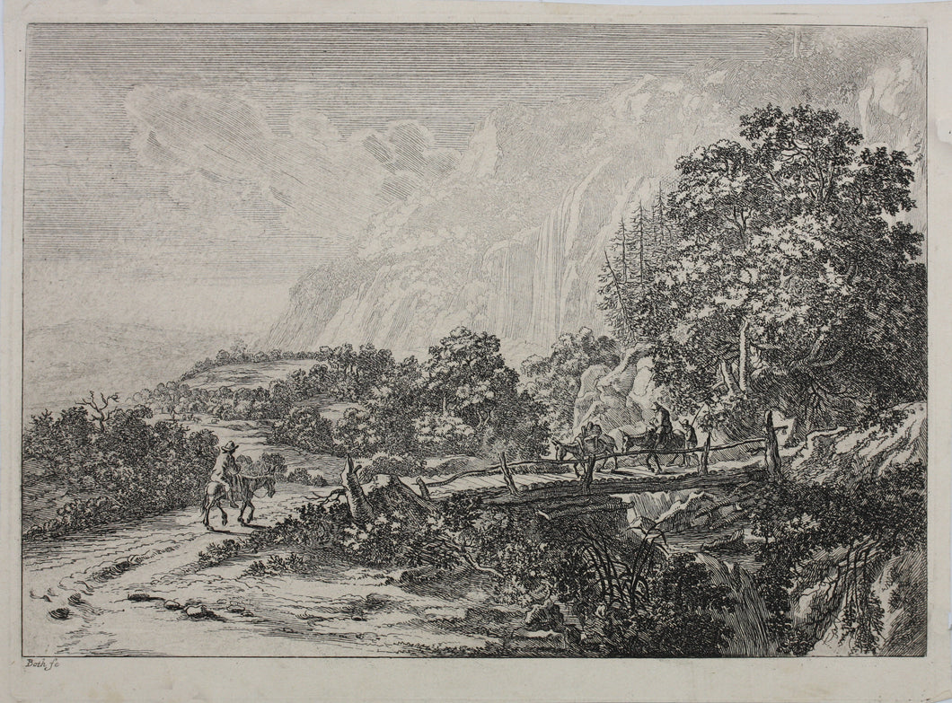 Jan Both. Travellers and their mules on the wooden bridge near Sulmona and Tivoli. Etching. 1636-1652.