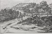 Load image into Gallery viewer, Jan Both. Travellers and their mules on the wooden bridge near Sulmona and Tivoli. Etching. 1636-1652.
