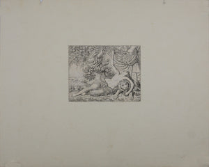 Maenad leaning on lion. Engraving. 18th to early 19th century.