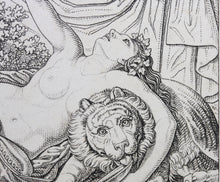 Load image into Gallery viewer, Maenad leaning on lion. Engraving. 18th to early 19th century.
