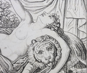 Maenad leaning on lion. Engraving. 18th to early 19th century.