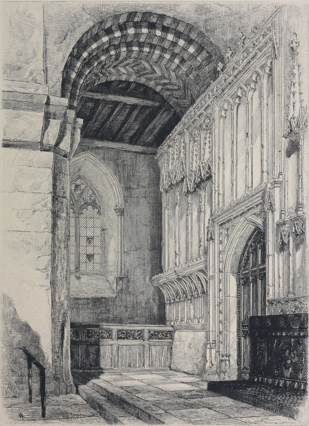 Robert Kent Thomas. View of St Cuthbert's screen in St Albans Abbey. Etching. 1876.