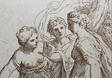Load image into Gallery viewer, Simon da Pesero, after. A woman helping Europa to climb on the bull. Etching by Giuseppe Zocchi. 1764.

