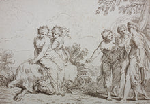 Load image into Gallery viewer, Simon da Pesero, after. A woman helping Europa to climb on the bull. Etching by Giuseppe Zocchi. 1764.
