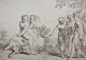 Simon da Pesero, after. A woman helping Europa to climb on the bull. Etching by Giuseppe Zocchi. 1764.