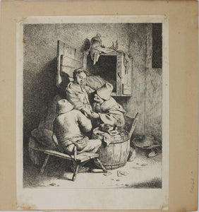 Cornelis Bega. A young hostess with two men. Etching. 1620-1664.