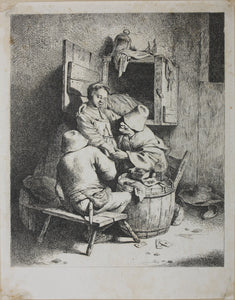 Cornelis Bega. A young hostess with two men. Etching. 1620-1664.