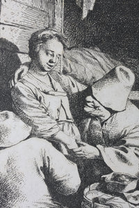 Cornelis Bega. A young hostess with two men. Etching. 1620-1664.