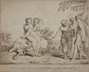 Simon da Pesero, after. A woman helping Europa to climb on the bull. Etching by Giuseppe Zocchi. 1764.