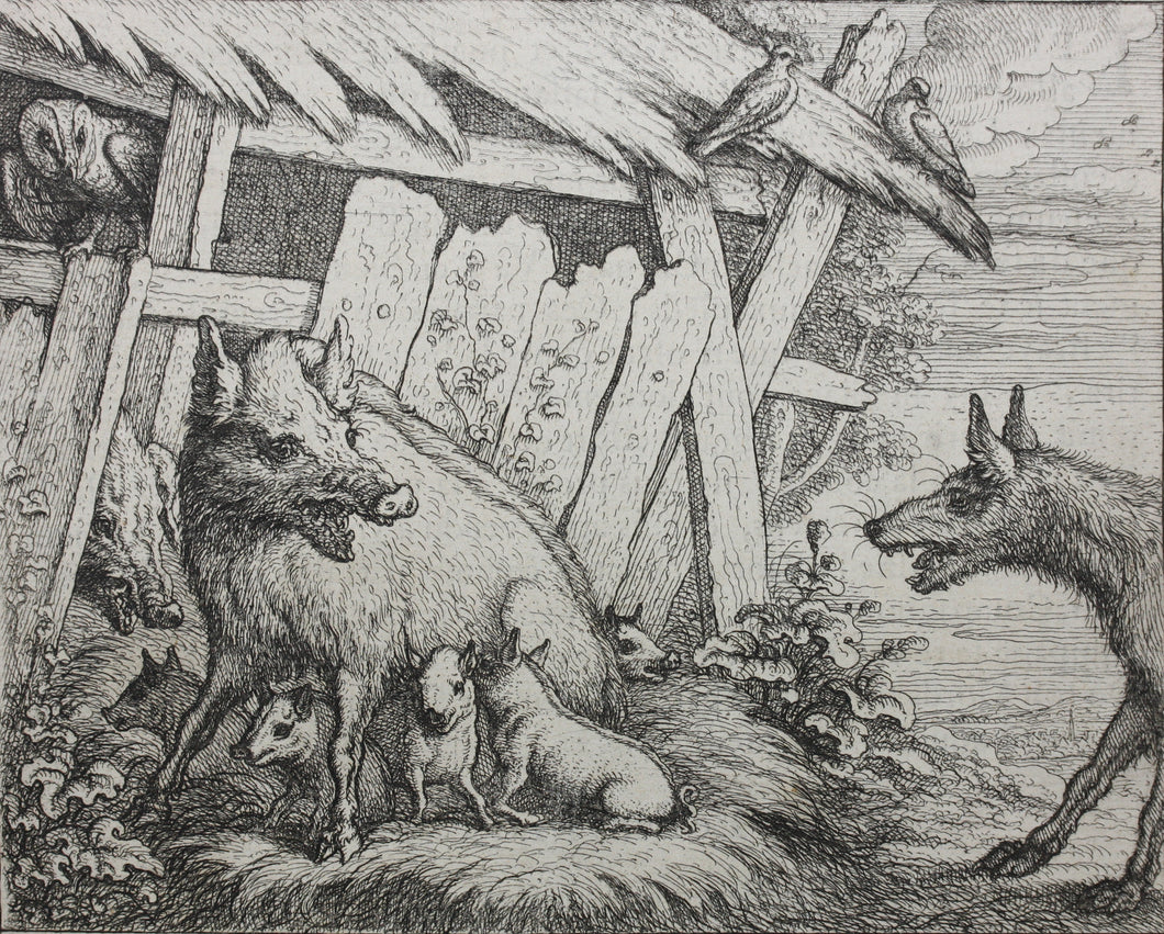 Francis Barlow. XIII The Sow and her Pigs. From Aesop's Fables. Etching. 1666.