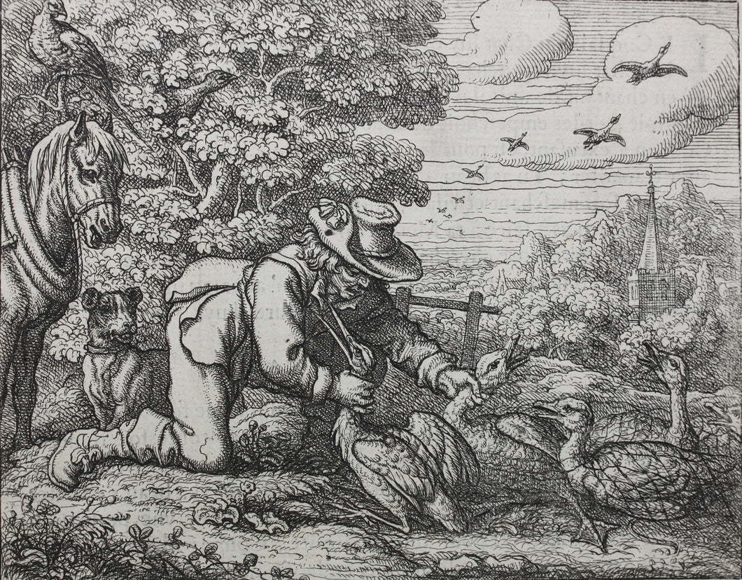 Francis Barlow. LVI. The Stork and Geese. From Aesop's Fables. Etching. 1666.