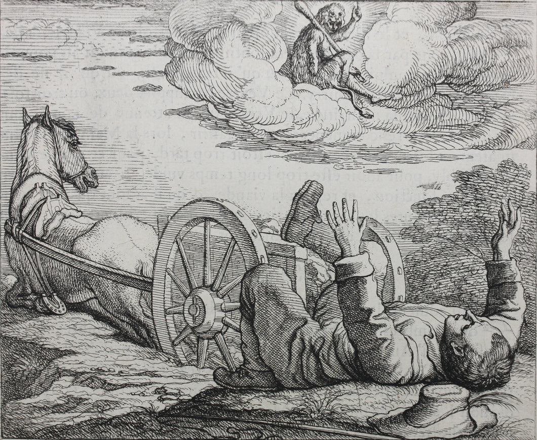 Francis Barlow. LIII. The Clown and Cart. From Aesop's Fables. Etching. 1666.
