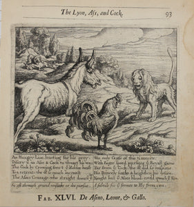 Francis Barlow. XLVI. The Lion, Ass, and Cock. From Aesop's Fables. Etching. 1666.
